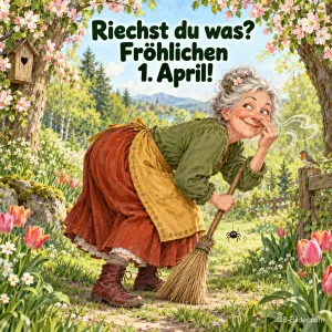 Alte Frau mit Besen hält sich verschmitzt die Nase, Text: Riechst du was? – Fröhlichen 1. April!