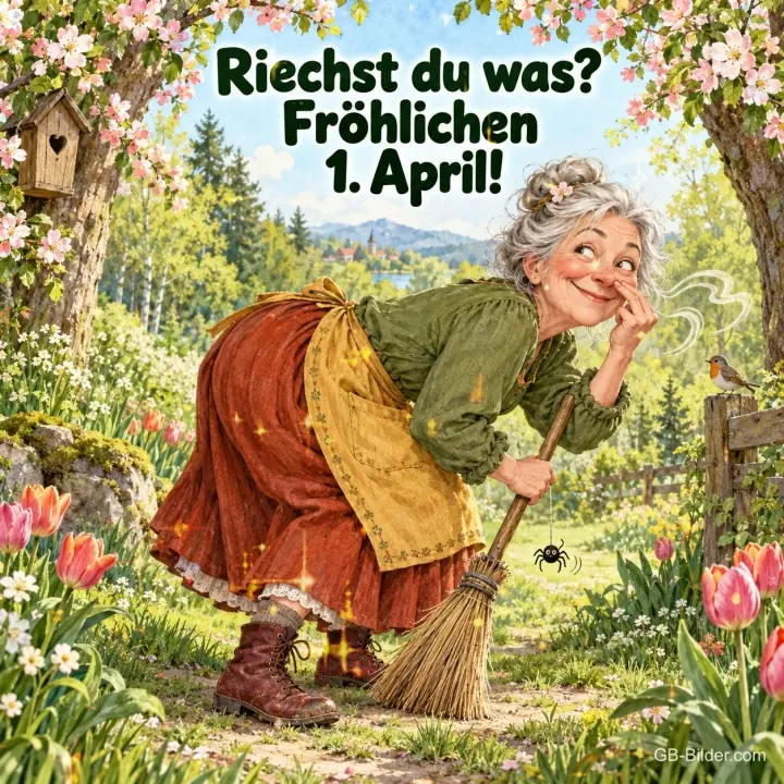 Alte Frau mit Besen hält sich verschmitzt die Nase, Text: Riechst du was? – Fröhlichen 1. April!