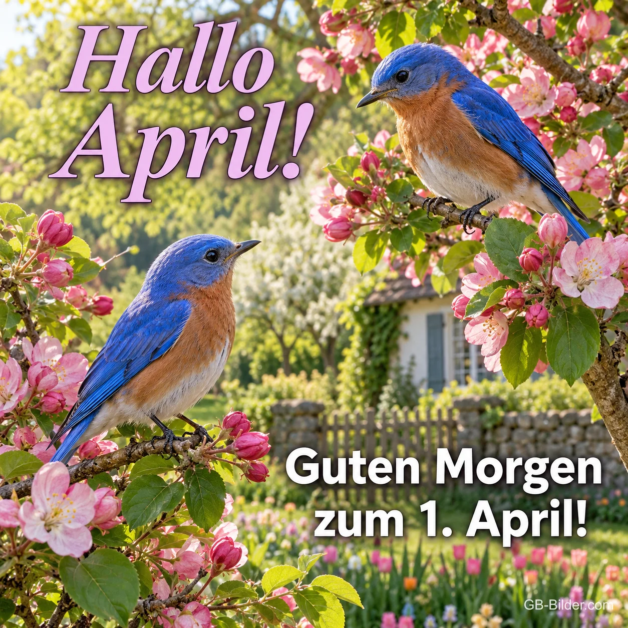 Zwei blaue Hüttensänger auf blühenden Zweigen, Text: Hallo April! – Guten Morgen zum 1. April!