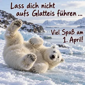 Eisbärjunges liegt rücklings auf dem Eis, Text: Lass dich nicht aufs Glatteis führen … – Viel Spaß am 1. April!