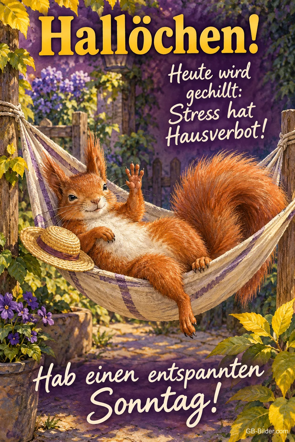 Eichhörnchen winkt aus einer Hängematte im Garten, Text: Hallöchen! – Heute wird gechillt: Stress hat Hausverbot! Hab einen entspannten Sonntag! Eichhörnchen winkt aus einer Hängematte im Garten, Text: Hallöchen! – Heute wird gechillt: Stress hat Hausverbot! Hab einen entspannten Sonntag!