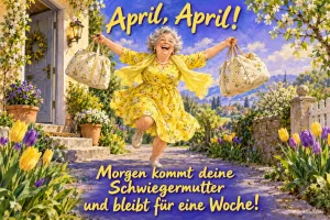 Fröhliche ältere Frau mit Taschen tanzt durch den Garten, Text: April, April! – Morgen kommt deine Schwiegermutter und bleibt für eine Woche!