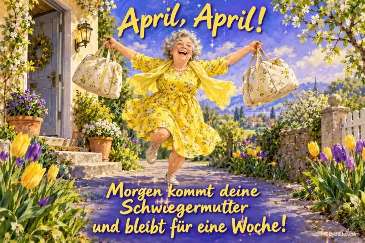 Fröhliche ältere Frau mit Taschen tanzt durch den Garten, Text: April, April! – Morgen kommt deine Schwiegermutter und bleibt für eine Woche!