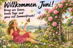 Mädchen mit Blumenkranz sitzt in einer Sommerwiese unter einem Rosenbogen, Text: Willkommen Juni! – Bring uns Sonne, bunte Tage und ganz viel Sommerfreude!