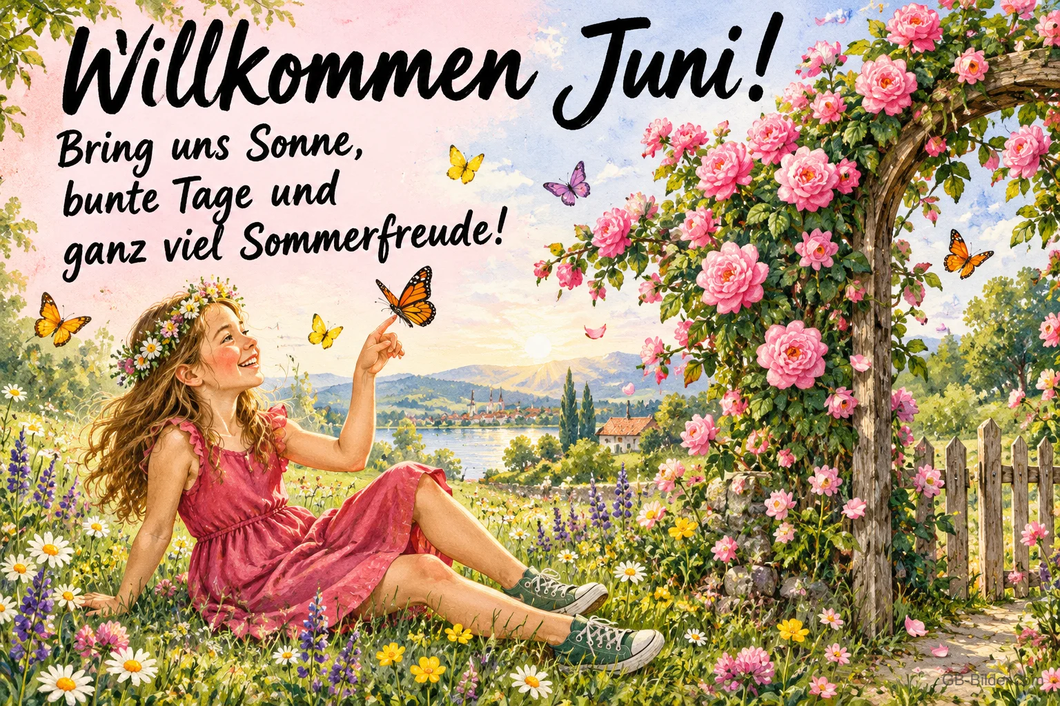 Mädchen mit Blumenkranz sitzt in einer Sommerwiese unter einem Rosenbogen, Text: Willkommen Juni! – Bring uns Sonne, bunte Tage und ganz viel Sommerfreude!