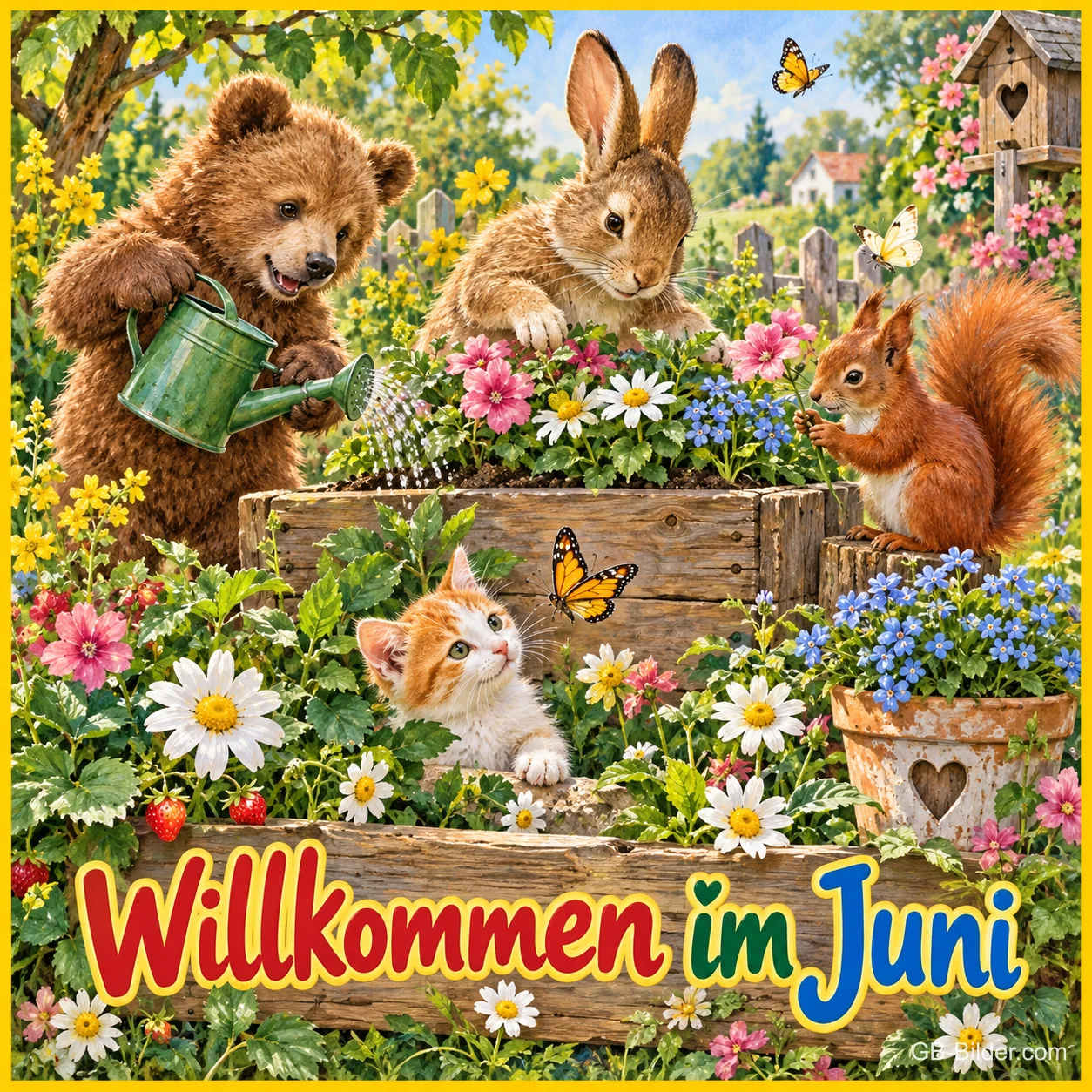 Bär, Hase, Eichhörnchen und Kätzchen in einem Blumenbeet, Text: Willkommen im Juni
