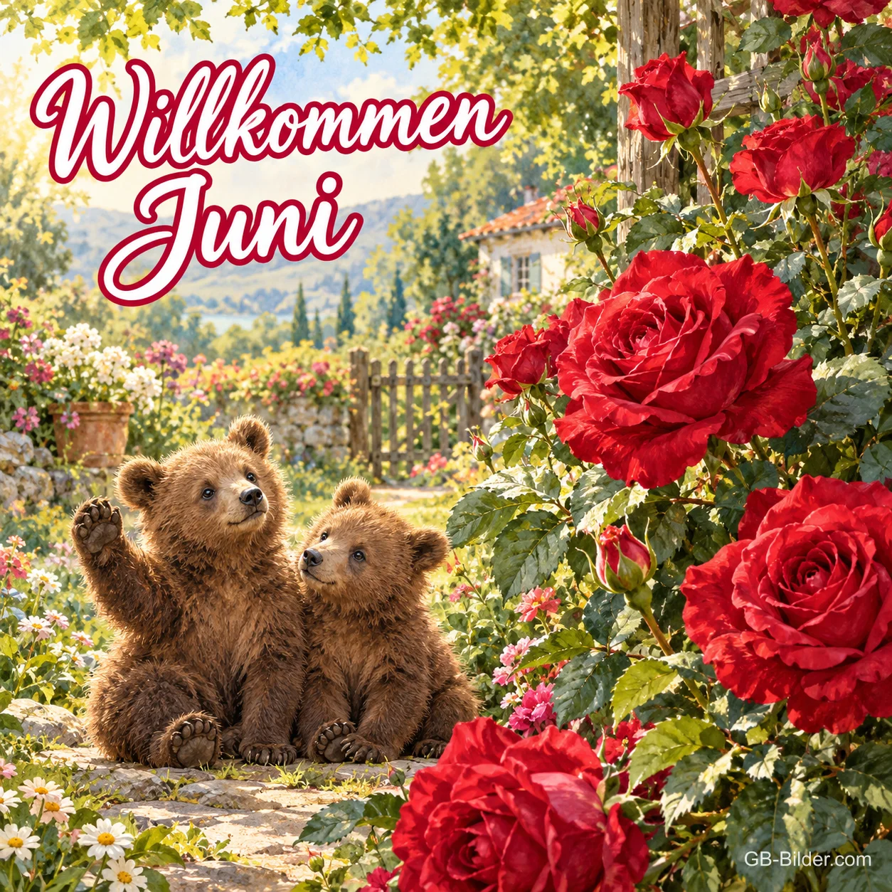 Zwei Bärenjunge sitzen zwischen roten Rosen im Garten, Text: Willkommen Juni