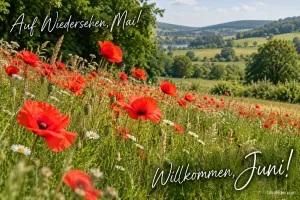 Mohnblumenwiese mit Margeriten vor einer Hügellandschaft, Text: Auf Wiedersehen, Mai! – Willkommen, Juni!