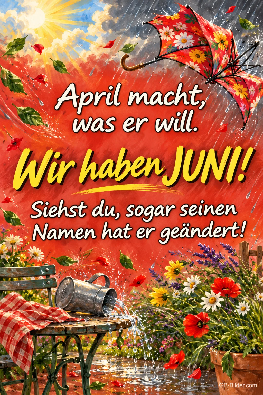 Regenschirm fliegt im Sturm über einen Garten mit Blumen, Text: April macht, was er will. – Wir haben JUNI! Siehst du, sogar seinen Namen hat er geändert! Regenschirm fliegt im Sturm über einen Garten mit Blumen, Text: April macht, was er will. – Wir haben JUNI! Siehst du, sogar seinen Namen hat er geändert!