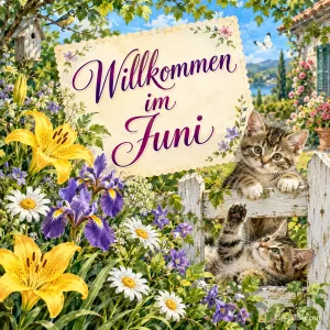Zwei Kätzchen klettern über einen Gartenzaun zwischen Lilien, Text: Willkommen im Juni