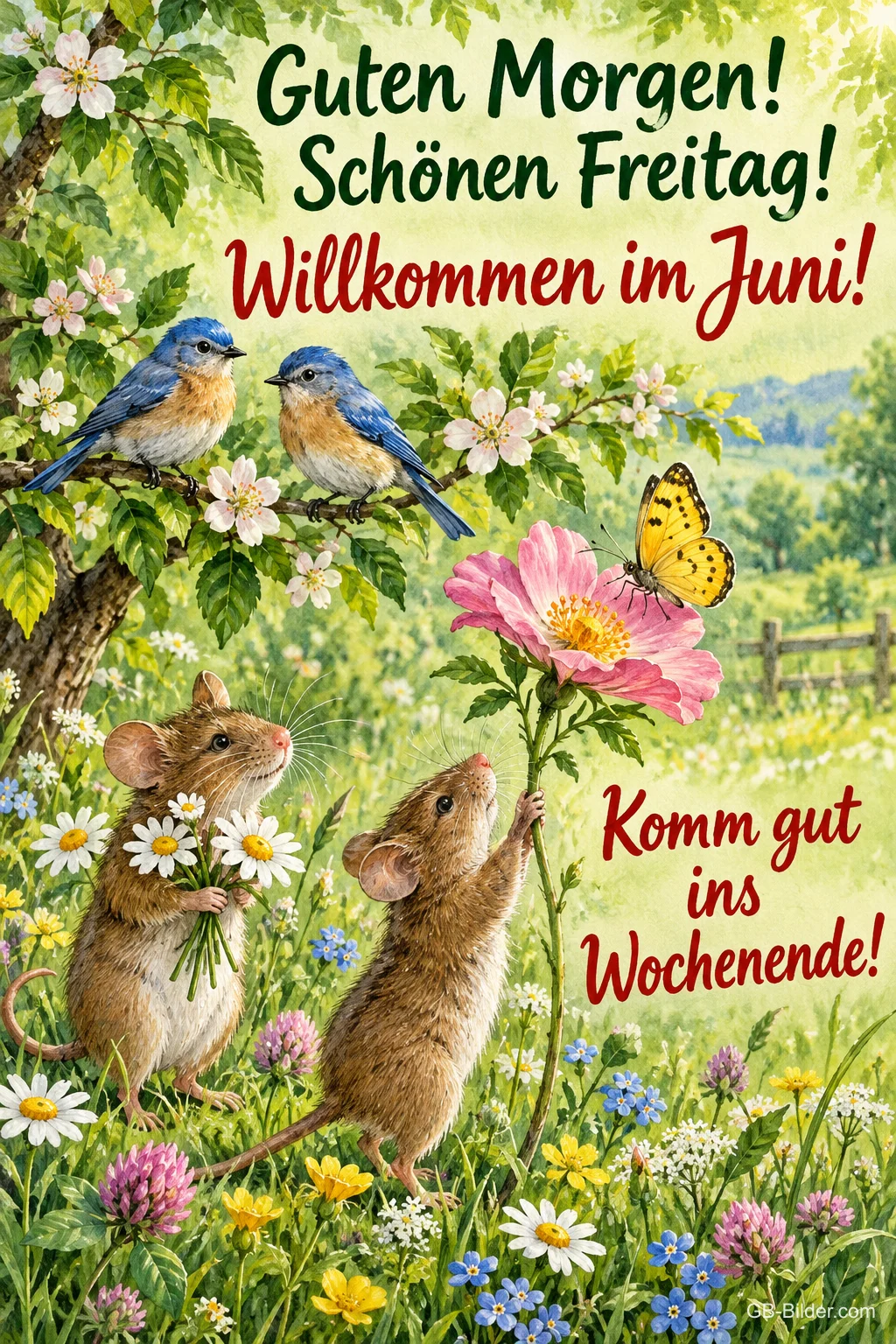 Zwei Mäuse mit Blumen und zwei Hüttensänger auf einem Zweig, Text: Guten Morgen! Schönen Freitag! – Willkommen im Juni! Komm gut ins Wochenende! Zwei Mäuse mit Blumen und zwei Hüttensänger auf einem Zweig, Text: Guten Morgen! Schönen Freitag! – Willkommen im Juni! Komm gut ins Wochenende!