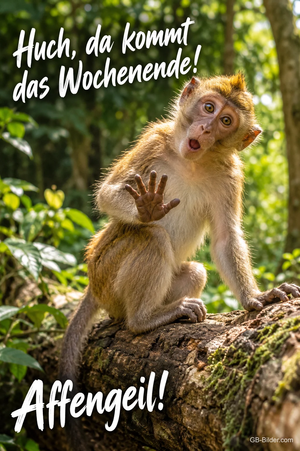 Erstauntes Äffchen auf einem Baumstamm im Dschungel, Text: Huch, da kommt das Wochenende! – Affengeil!