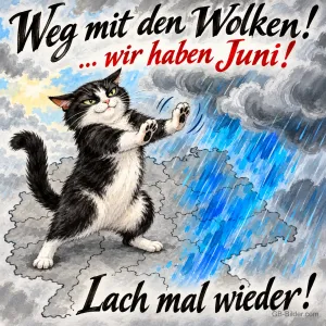 Schwarz-weiße Katze schiebt Regenwolken über einer Landkarte weg, Text: Weg mit den Wolken! … wir haben Juni! Lach mal wieder!