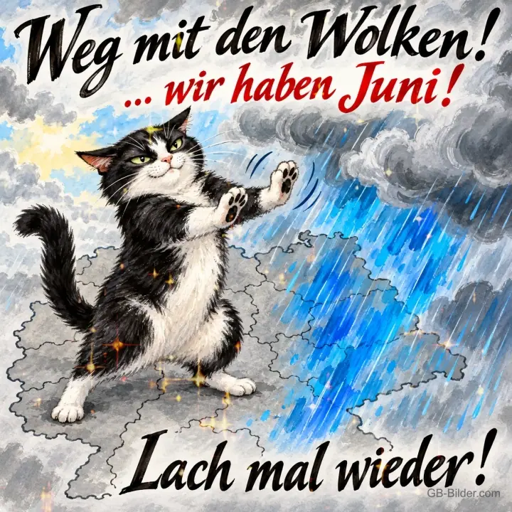 Schwarz-weiße Katze schiebt Regenwolken über einer Landkarte weg, Text: Weg mit den Wolken! … wir haben Juni! Lach mal wieder!