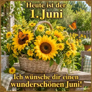 Korb voller Sonnenblumen mit Schmetterlingen auf einem Gartentisch, Text: Heute ist der 1. Juni – Ich wünsche dir einen wunderschönen Juni!