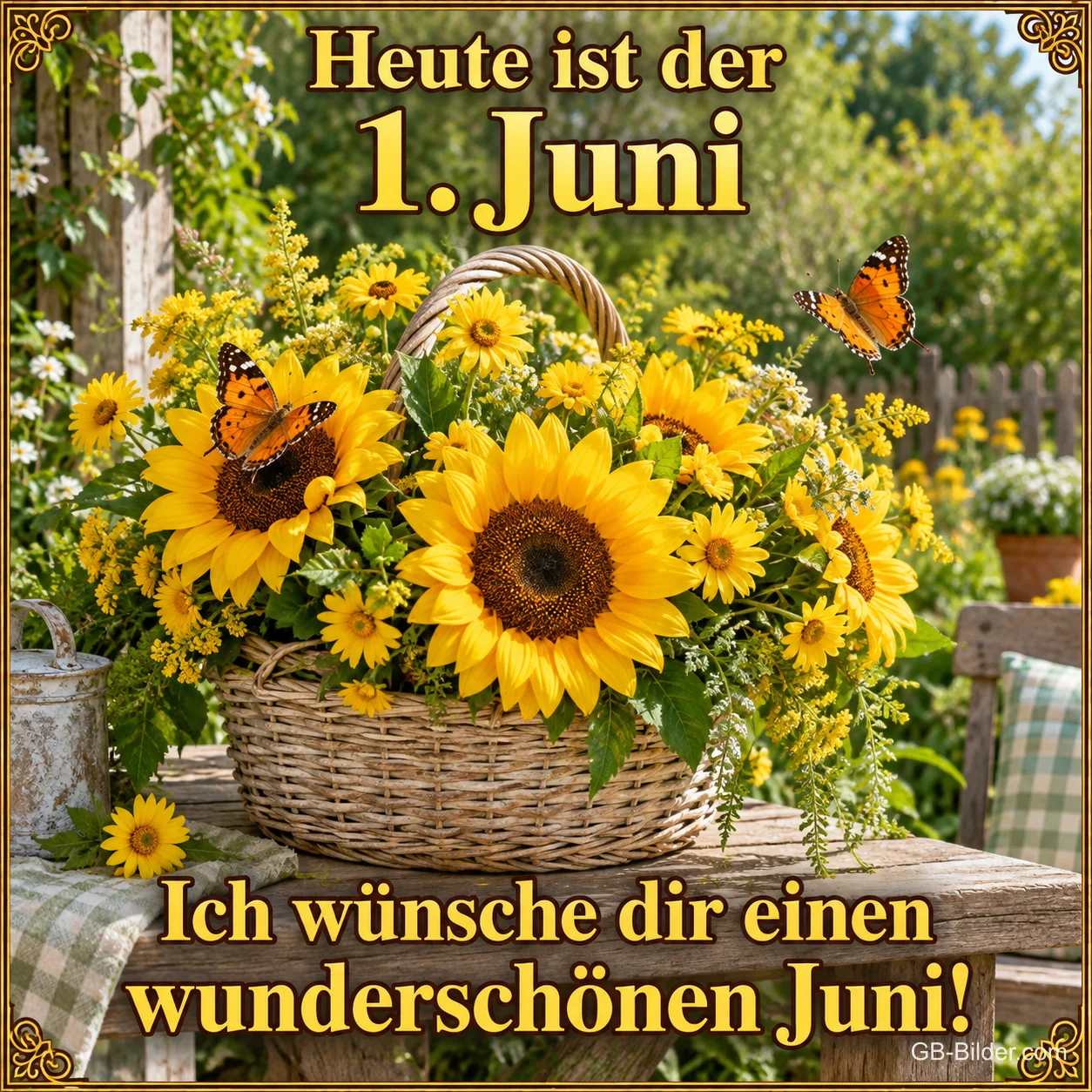 Korb voller Sonnenblumen mit Schmetterlingen auf einem Gartentisch, Text: Heute ist der 1. Juni – Ich wünsche dir einen wunderschönen Juni!