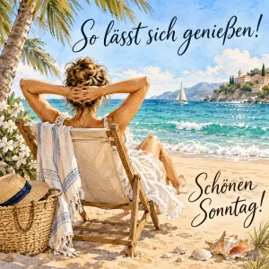 Frau entspannt im Liegestuhl am Strand unter Palmen, Text: So lässt sich genießen! Schönen Sonntag!