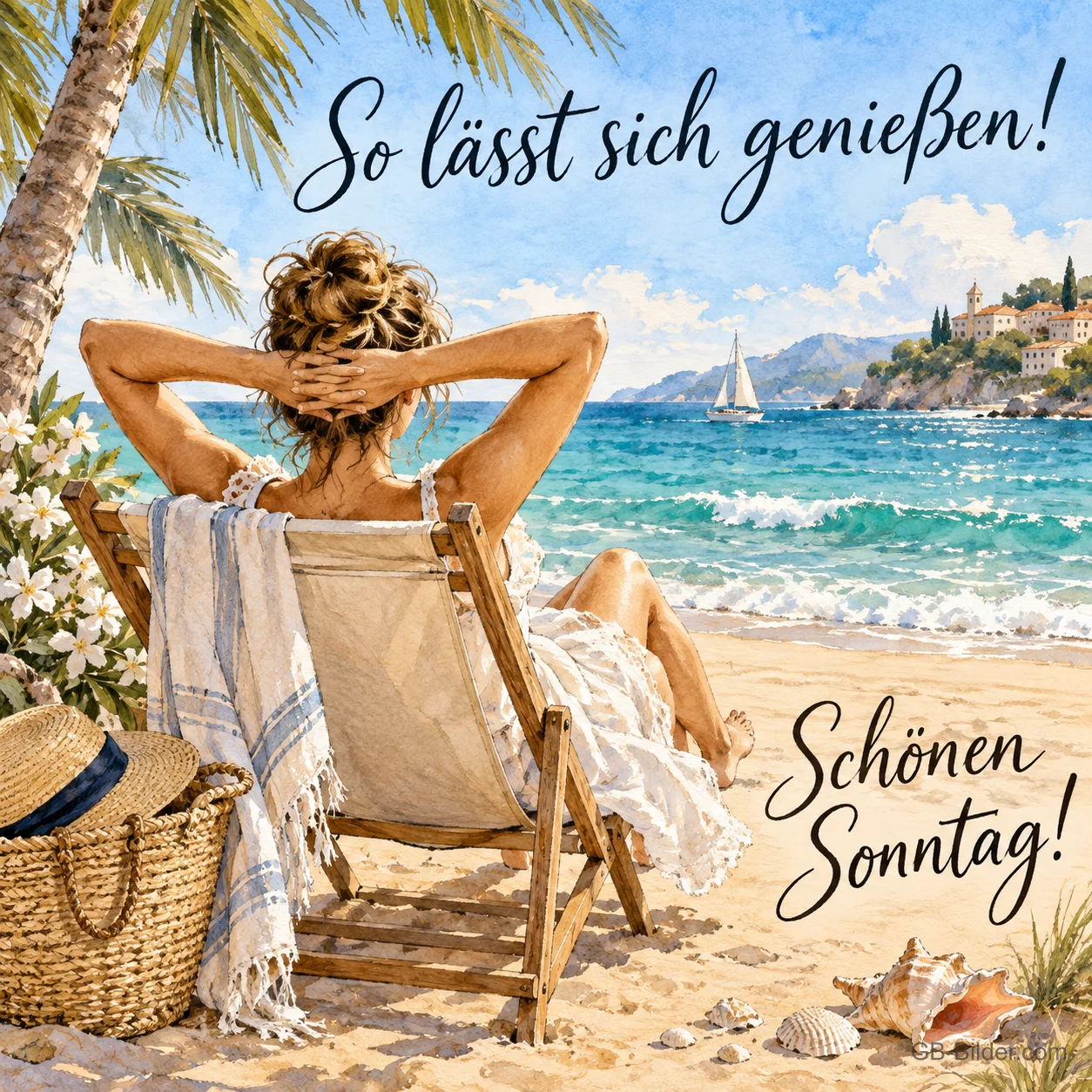 Frau entspannt im Liegestuhl am Strand unter Palmen, Text: So lässt sich genießen! Schönen Sonntag!