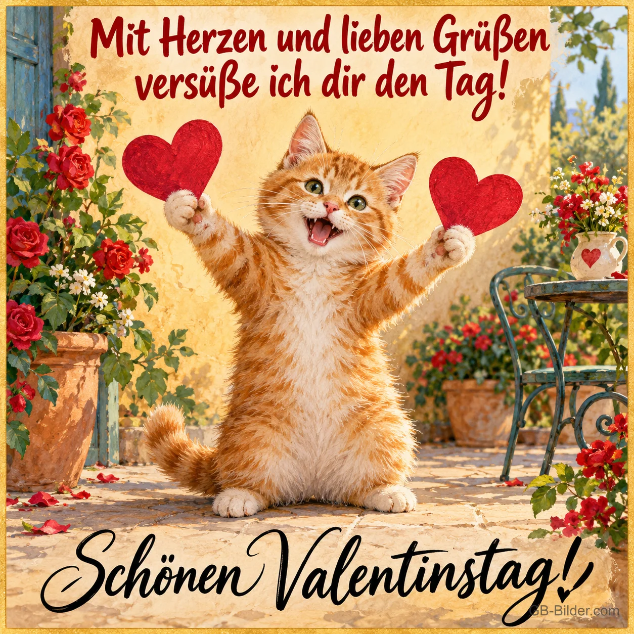 Rotes Kätzchen jubelt mit zwei Herzen, Text: Mit Herzen und lieben Grüßen versüße ich dir den Tag! – Schönen Valentinstag!