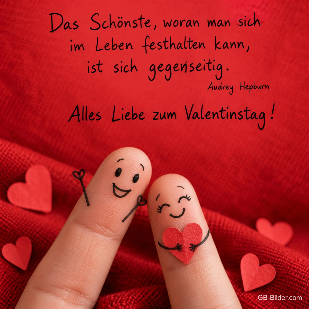 Zwei bemalte Finger umarmen ein rotes Herz, Text: Das Schönste, woran man sich im Leben festhalten kann, ist sich gegenseitig. – Audrey Hepburn – Alles Liebe zum Valentinstag!