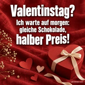 Herzförmige Pralinenschachtel mit Schleife, Text: Valentinstag? – Ich warte auf morgen: gleiche Schokolade, halber Preis!