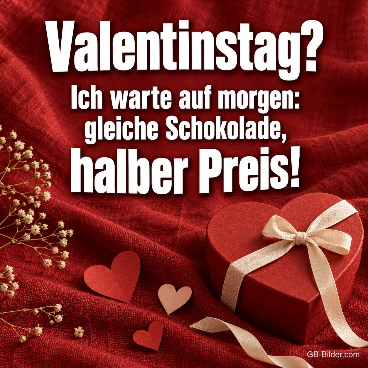 Herzförmige Pralinenschachtel mit Schleife, Text: Valentinstag? – Ich warte auf morgen: gleiche Schokolade, halber Preis!
