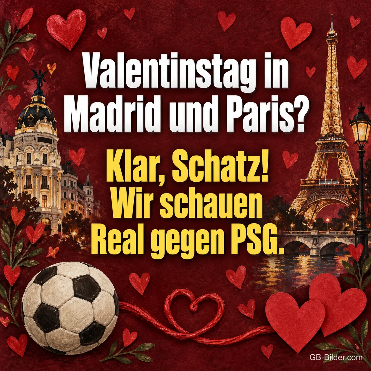 Fußball vor Madrid und dem Eiffelturm zwischen Herzen, Text: Valentinstag in Madrid und Paris? – Klar, Schatz! Wir schauen Real gegen PSG.