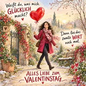 Frau mit rotem Herzballon spaziert durch einen Garten, Text: Weißt du, was mich GLÜCKLICH macht? – Dann lies das zweite WORT noch mal. ALLES LIEBE ZUM VALENTINSTAG