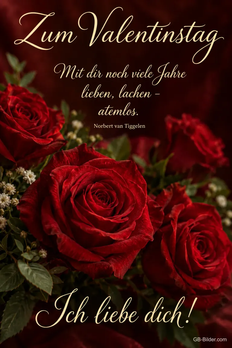 Rote Rosen vor dunklem Hintergrund, Text: Zum Valentinstag – Mit dir noch viele Jahre lieben, lachen – atemlos. – Norbert van Tiggelen – Ich liebe dich!