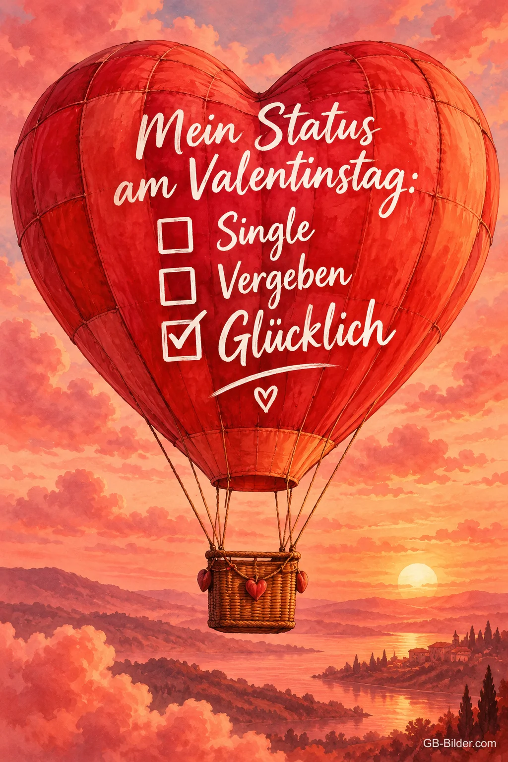 Herzförmiger Heißluftballon im Abendrot, Text: Mein Status am Valentinstag: – Single – Vergeben – Glücklich