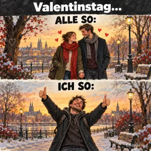 Verliebtes Paar am Fluss, darunter jubelnder Mann allein, Text: Valentinstag … ALLE SO: – ICH SO: