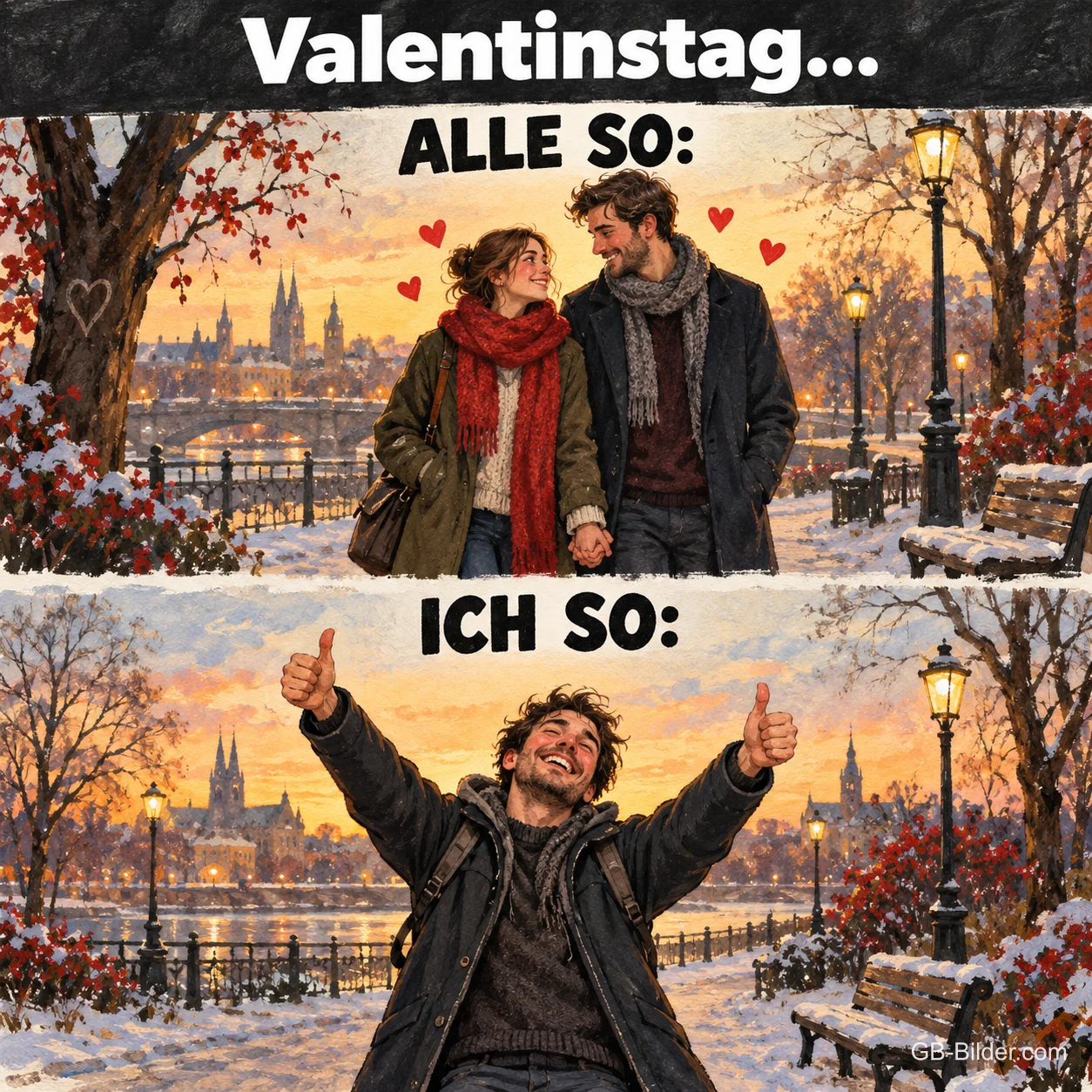 Verliebtes Paar am Fluss, darunter jubelnder Mann allein, Text: Valentinstag … ALLE SO: – ICH SO:
