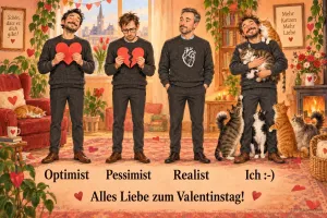 Vier Männer mit Herzen, der vierte mit vielen Katzen, Text: Optimist – Pessimist – Realist – Ich :-) – Alles Liebe zum Valentinstag!