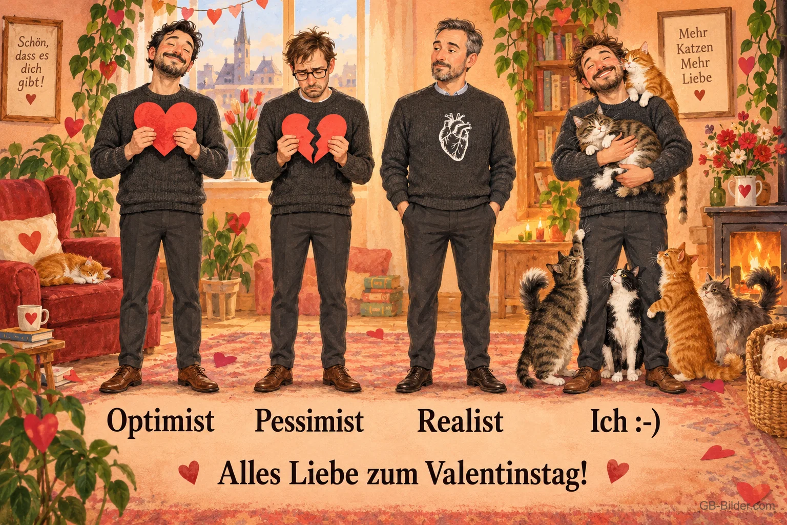 Vier Männer mit Herzen, der vierte mit vielen Katzen, Text: Optimist – Pessimist – Realist – Ich :-) – Alles Liebe zum Valentinstag!