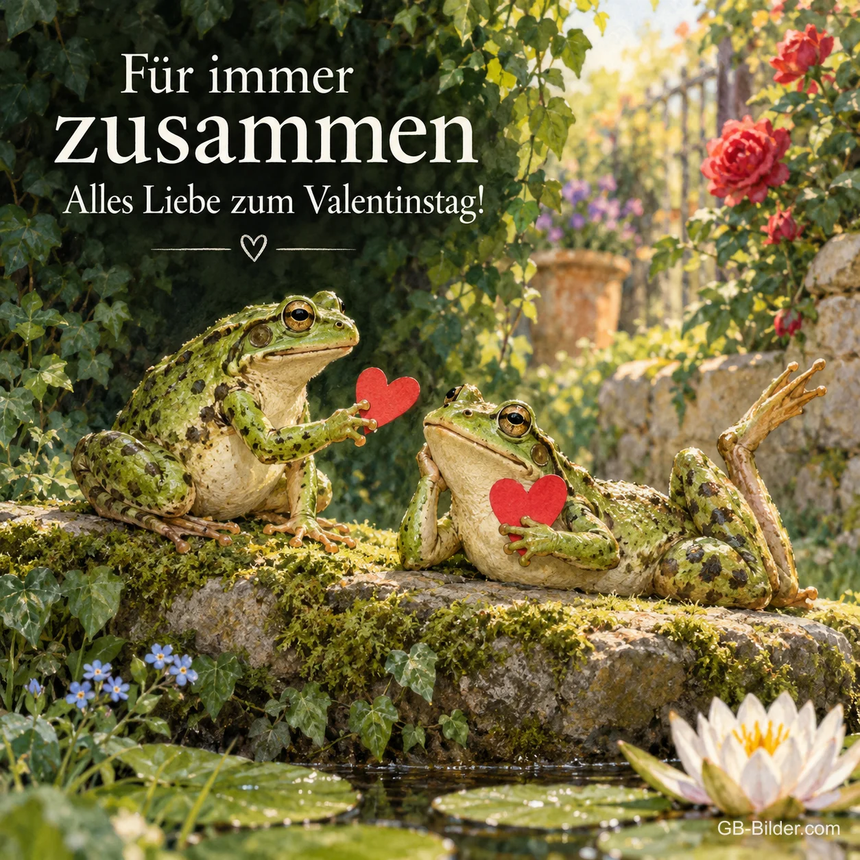 Zwei Frösche mit roten Herzen auf einem Moosstein, Text: Für immer zusammen – Alles Liebe zum Valentinstag!