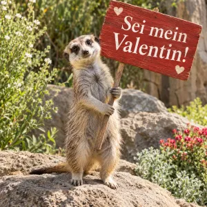 Erdmännchen hält ein rotes Schild, Text: Sei mein Valentin!