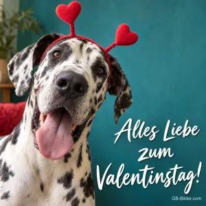 Dänische Dogge mit Herz-Haarreif lacht, Text: Alles Liebe zum Valentinstag!