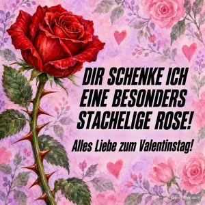 Rote Rose mit Dornen zwischen Herzen, Text: DIR SCHENKE ICH EINE BESONDERS STACHELIGE ROSE! – Alles Liebe zum Valentinstag!