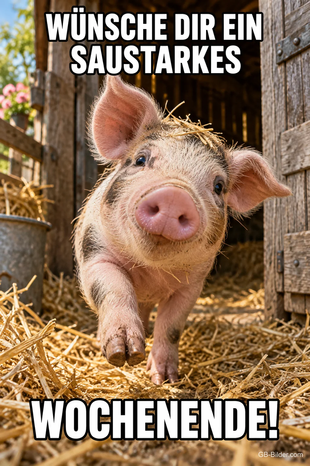 Ferkel läuft fröhlich durch einen Stall mit Stroh, Text: WÜNSCHE DIR EIN SAUSTARKES – WOCHENENDE!