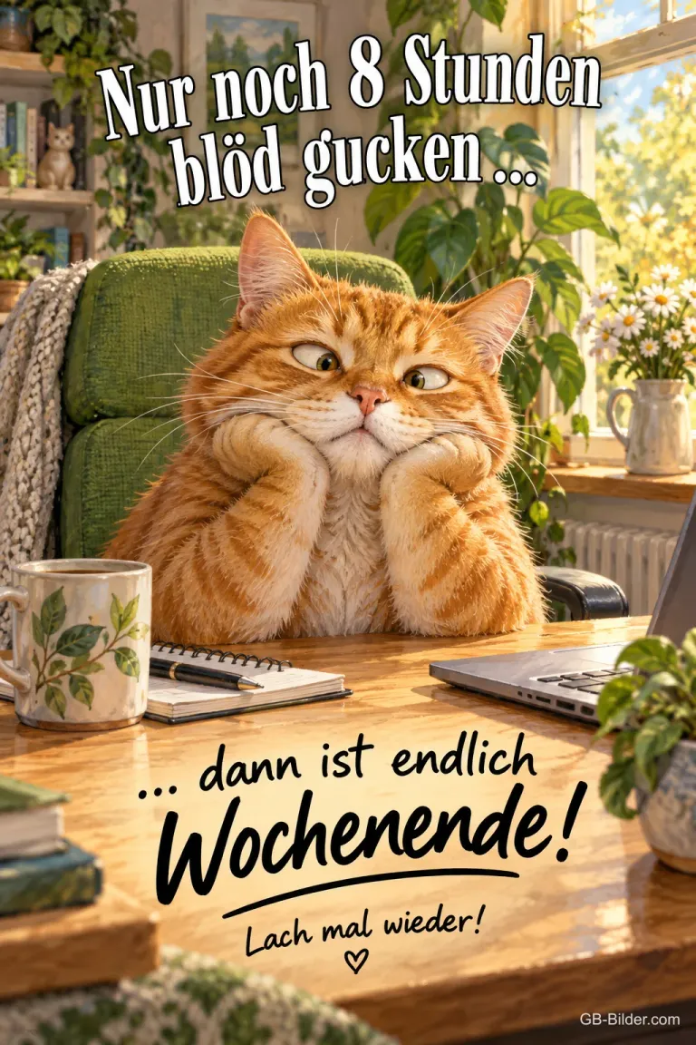 Roter Kater stützt den Kopf gelangweilt am Schreibtisch, Text: Nur noch 8 Stunden blöd gucken … – … dann ist endlich Wochenende! Lach mal wieder!