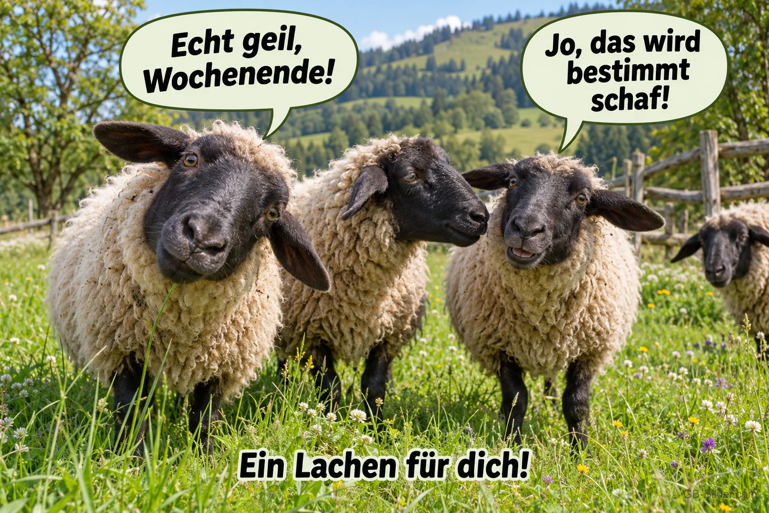 Drei Schafe mit Sprechblasen auf einer Bergweide, Text: Echt geil, Wochenende! – Jo, das wird bestimmt schaf! Ein Lachen für dich! Drei Schafe mit Sprechblasen auf einer Bergweide, Text: Echt geil, Wochenende! – Jo, das wird bestimmt schaf! Ein Lachen für dich!