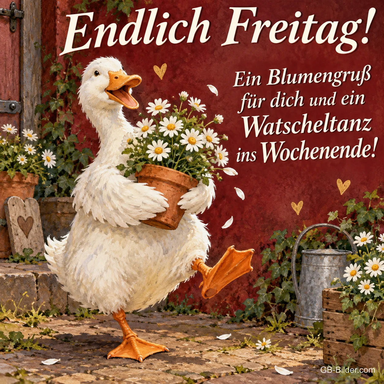 Gans tanzt mit einem Margeritentopf vor einer Scheune, Text: Endlich Freitag! – Ein Blumengruß für dich und ein Watscheltanz ins Wochenende! Gans tanzt mit einem Margeritentopf vor einer Scheune, Text: Endlich Freitag! – Ein Blumengruß für dich und ein Watscheltanz ins Wochenende!