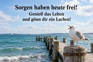 Lachende Möwe auf einem Holzsteg am Meer, Text: Sorgen haben heute frei! – Genieß das Leben und gönn dir ein Lachen!