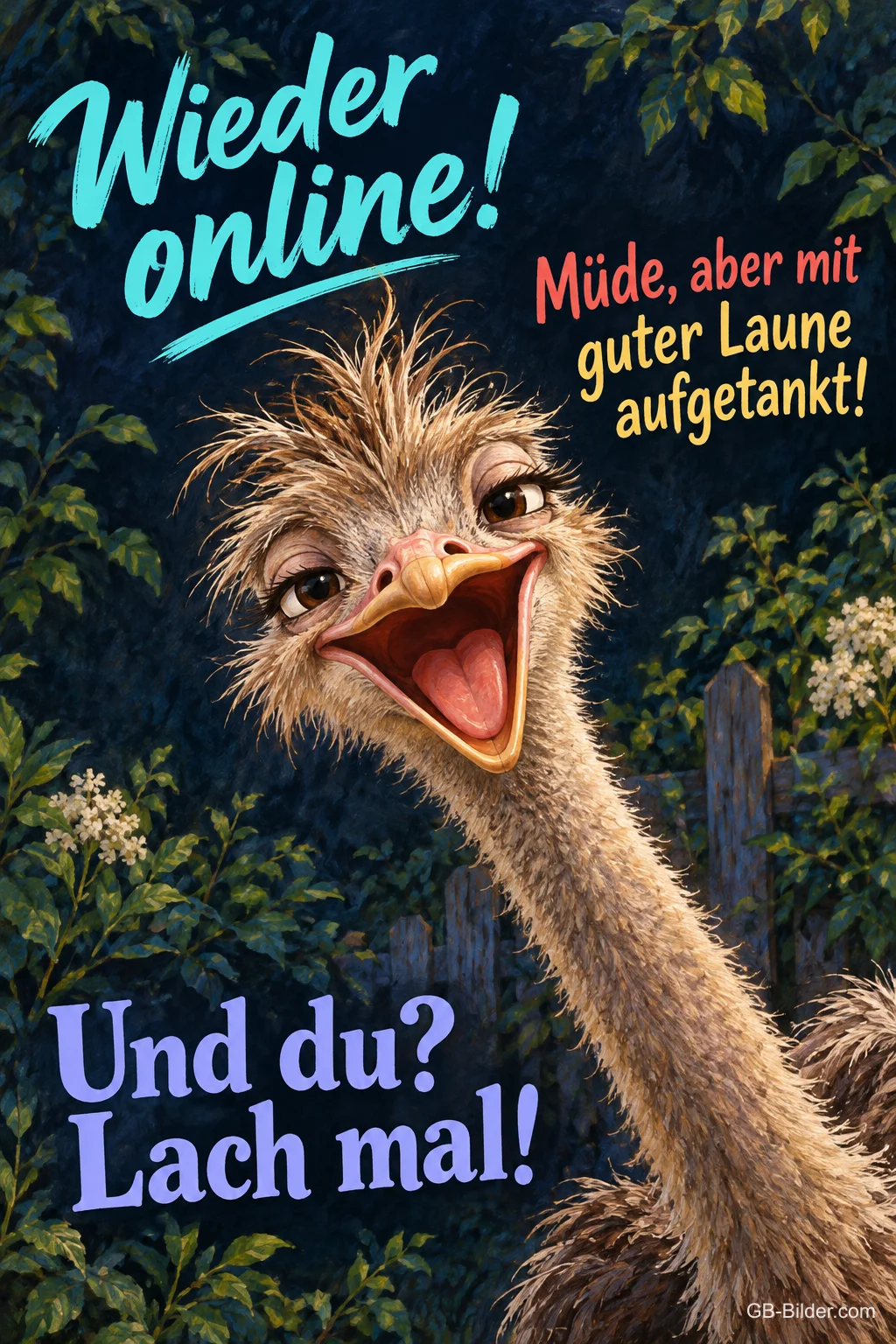 Lachender Strauß mit zerzausten Federn, Text: Wieder online! – Müde, aber mit guter Laune aufgetankt! Und du? Lach mal!