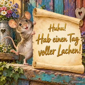 Maus hält eine Schriftrolle an einer Gartenbank, Text: Huhu! – Hab einen Tag voller Lachen!