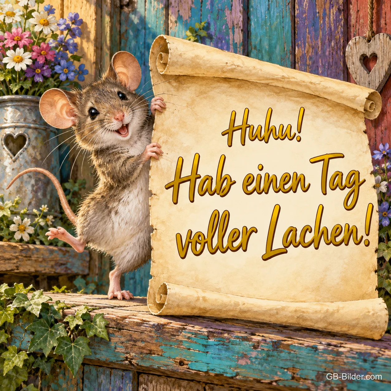Maus hält eine Schriftrolle an einer Gartenbank, Text: Huhu! – Hab einen Tag voller Lachen!
