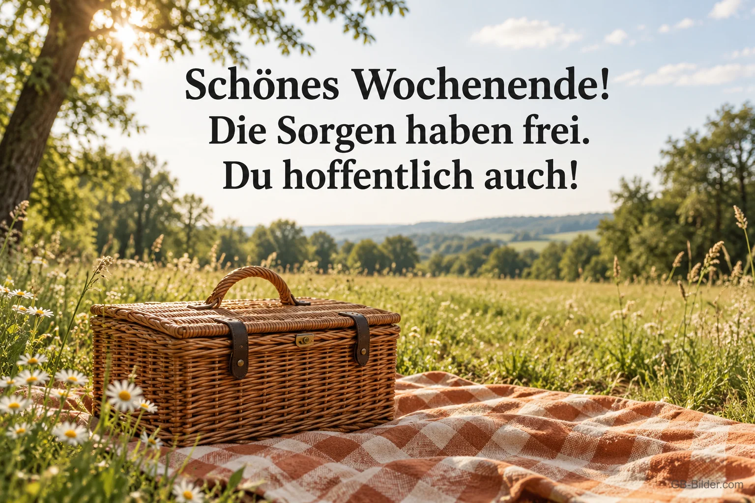 Picknickkorb auf einer karierten Decke auf einer Sommerwiese, Text: Schönes Wochenende! Die Sorgen haben frei. Du hoffentlich auch! Picknickkorb auf einer karierten Decke auf einer Sommerwiese, Text: Schönes Wochenende! Die Sorgen haben frei. Du hoffentlich auch!