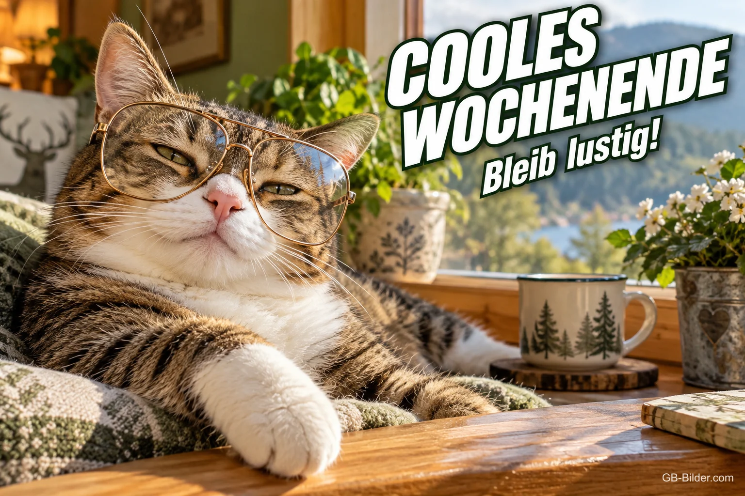 Getigerte Katze mit Brille liegt entspannt am Fenster, Text: COOLES WOCHENENDE – Bleib lustig!