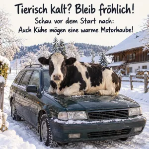 Kuh liegt auf der Motorhaube eines Autos im Schnee, Text: Tierisch kalt? Bleib fröhlich! – Schau vor dem Start nach: Auch Kühe mögen eine warme Motorhaube!