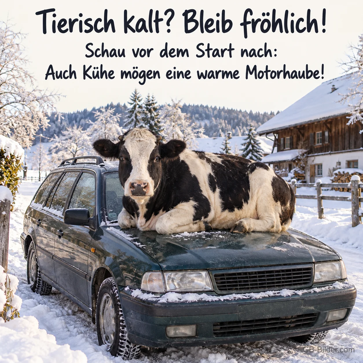 Kuh liegt auf der Motorhaube eines Autos im Schnee, Text: Tierisch kalt? Bleib fröhlich! – Schau vor dem Start nach: Auch Kühe mögen eine warme Motorhaube!